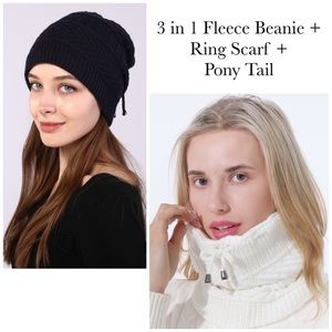 3 in 1 Fleece Lined Beanie Ring Scarf Ponytail Hat